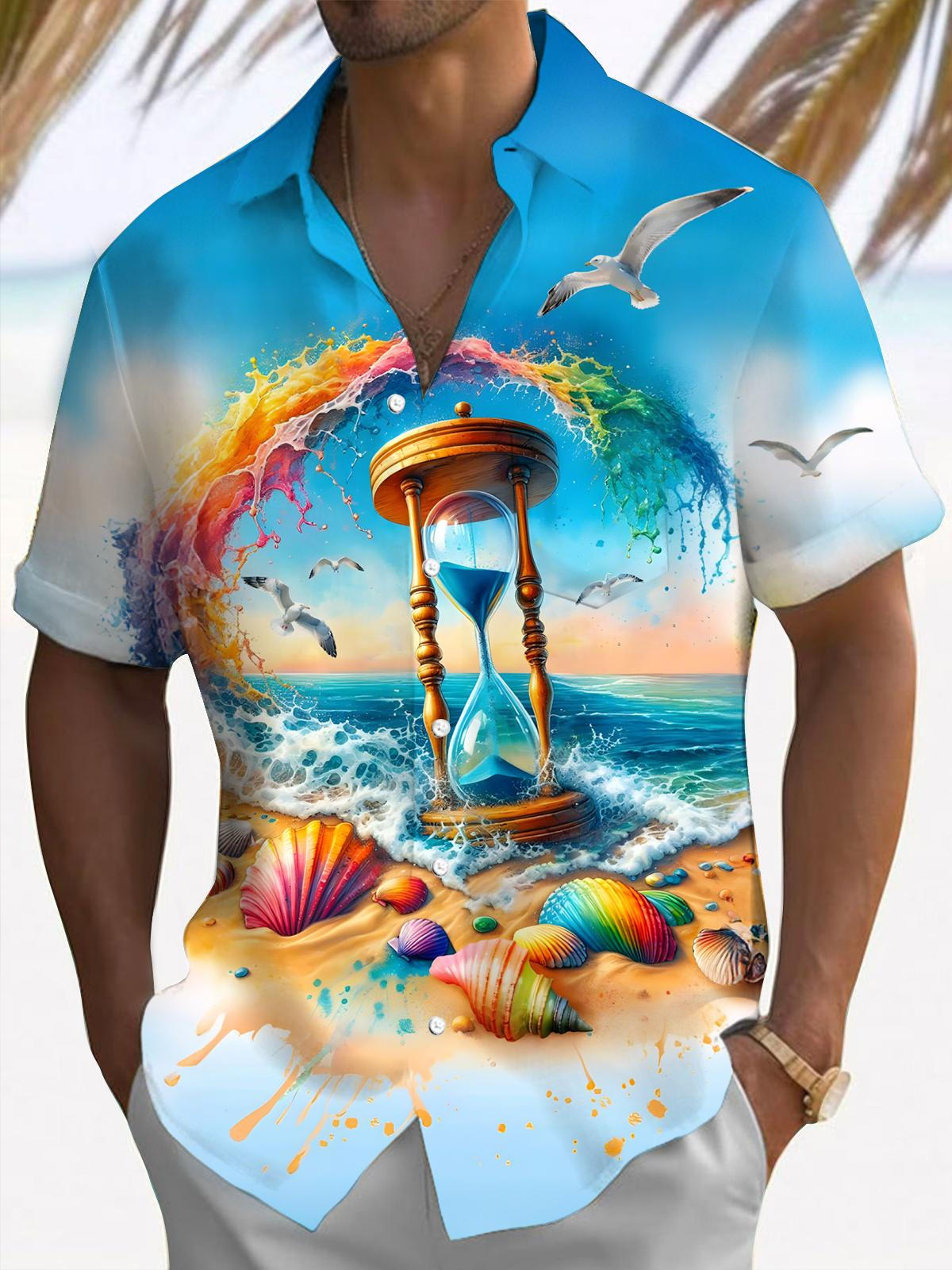 Hawaiian Hourglass Shell Print Men's Pocket Short Sleeve Shirts