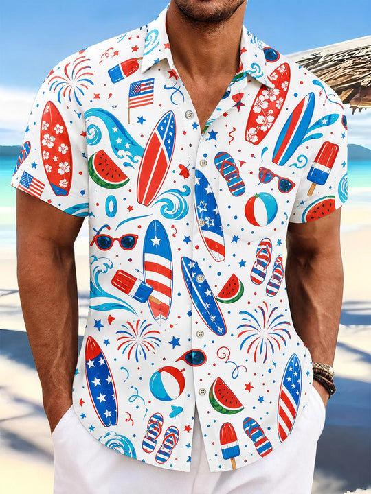 Independence Day American Flag Surfing Hawaiian Print Men's Pocket Short Sleeve Shirts