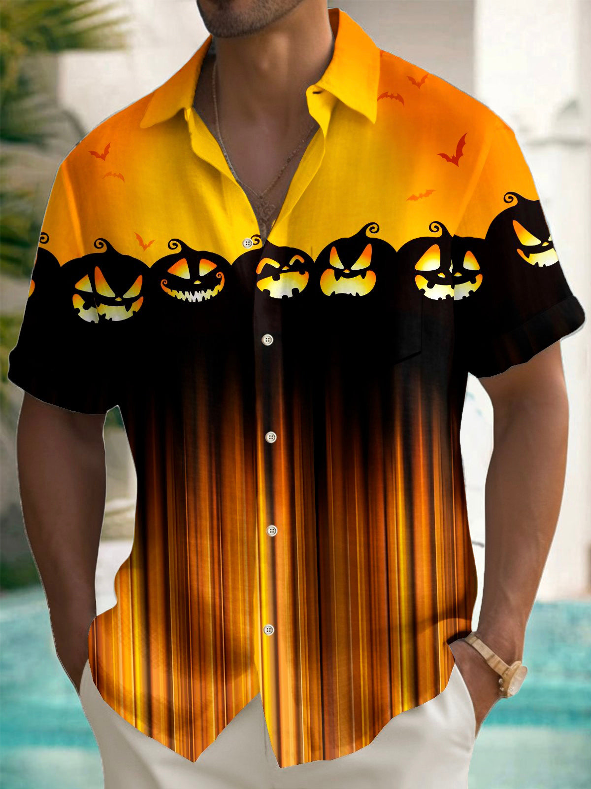 Halloween Pumpkin Gradient Print Men's Pocket Short Sleeve Shirts