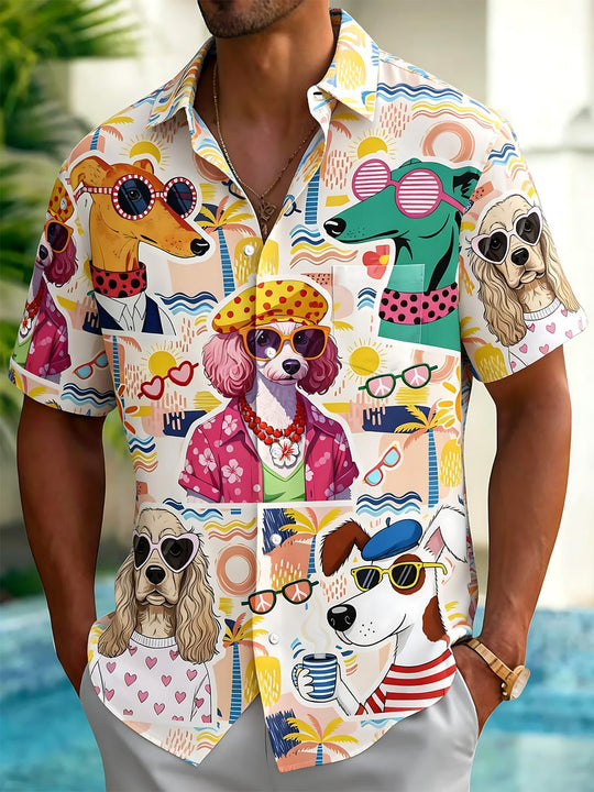 Funny Dog Print Men's Pocket Short Sleeve Shirts
