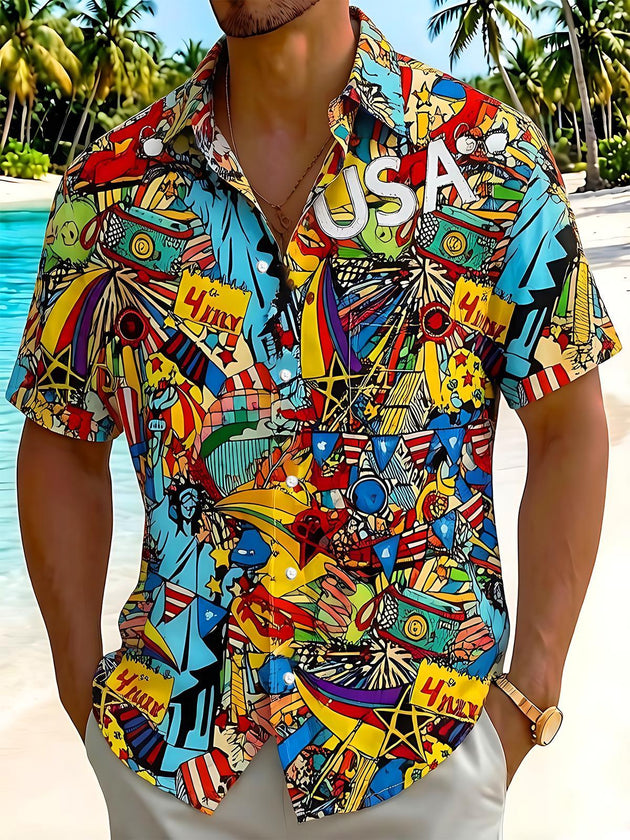 American Independence Day Colorful Graffiti Men's Pocket Short Sleeve Shirts