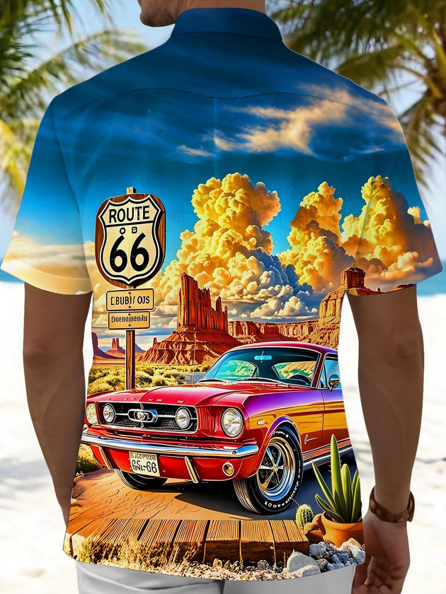 Route 66 Red Classic Car Landscape Men's Pocket Short Sleeve Shirts