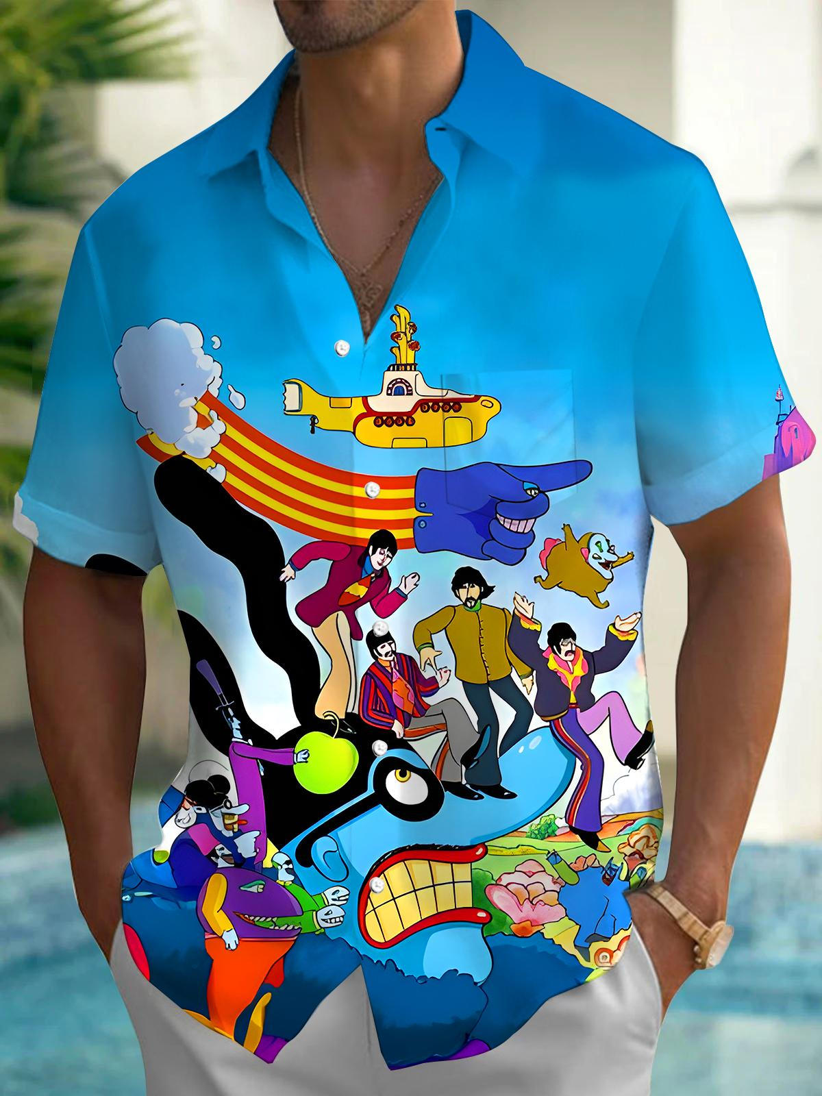 Cartoon Music Men's Pocket Short Sleeve Shirts
