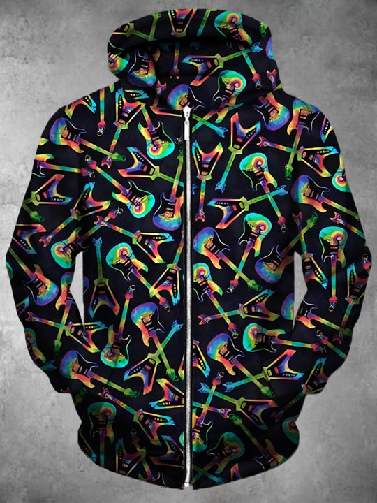 Men's guitar graphic long sleeve zip up hoodie front view