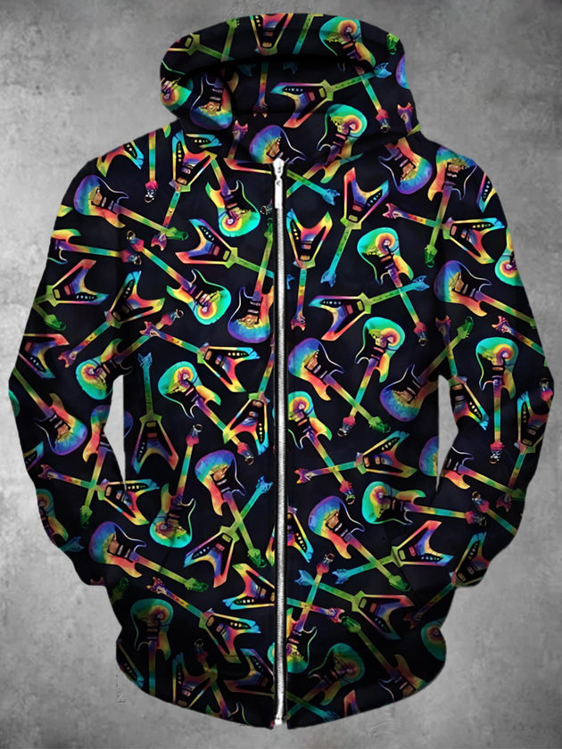 Men's guitar graphic long sleeve zip up hoodie front view