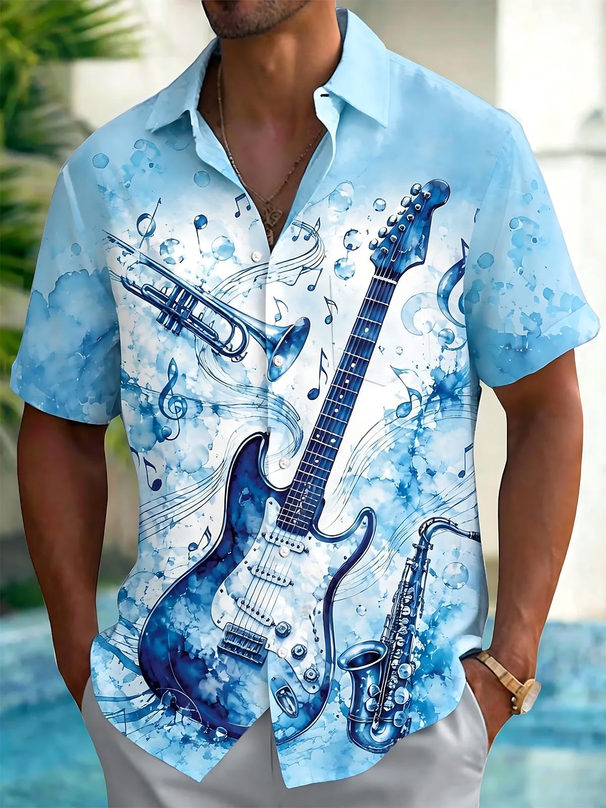 Musical Guitar Print Men's Pocket Short Sleeve Shirts