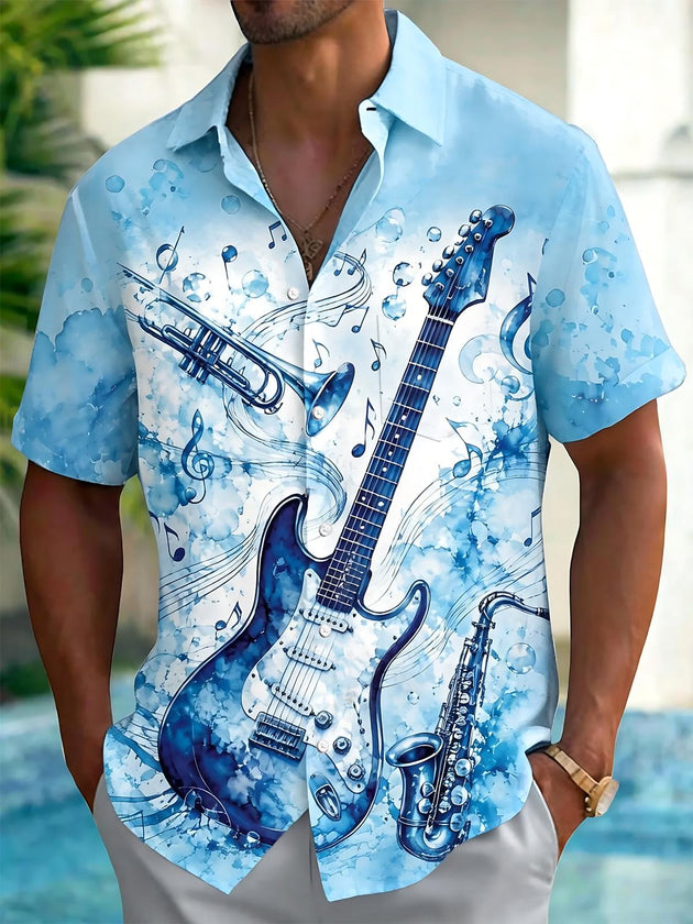 Musical Guitar Print Men's Pocket Short Sleeve Shirts