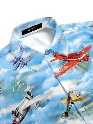 Men's short sleeve shirt with airplane print, side view showing pocket detail.