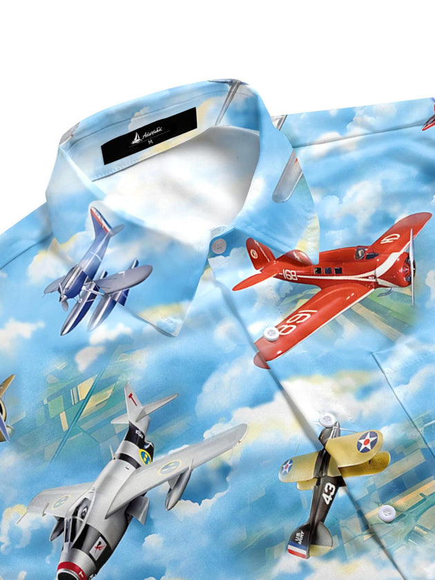 Men's short sleeve shirt with airplane print, side view showing pocket detail.