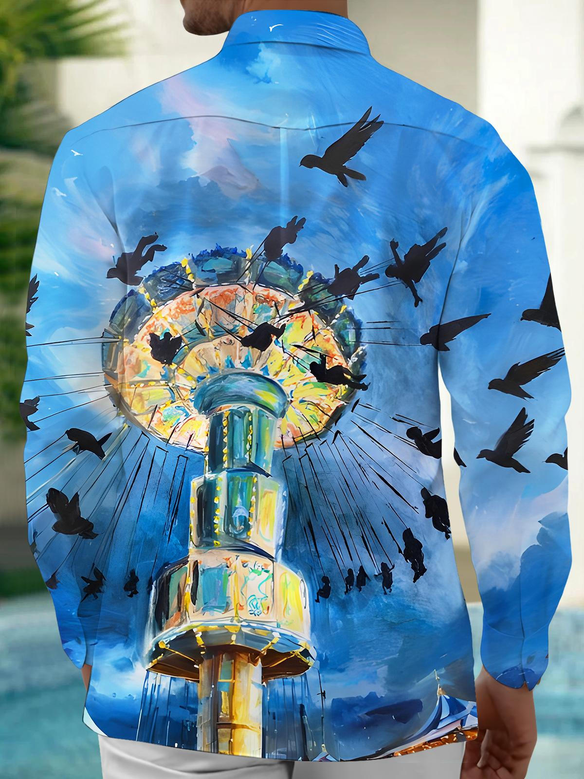 Fun Art Rotating Flying Chair Men's Pocket Long Sleeve Shirts