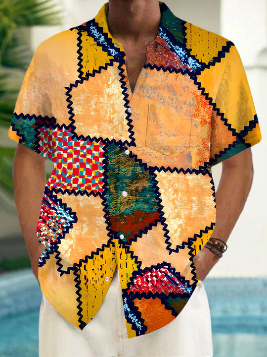 Men's geometric print pocket short sleeve shirt front view