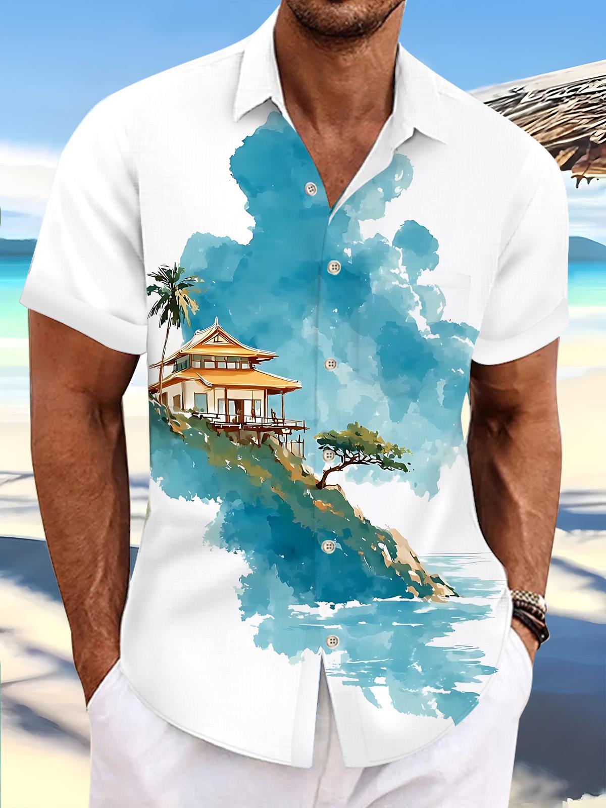 Landscape Print Men's Pocket Short Sleeve Shirts