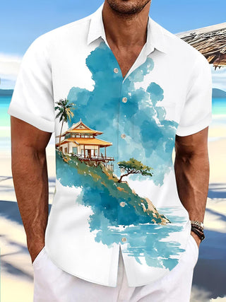 Landscape Print Men's Pocket Short Sleeve Shirts