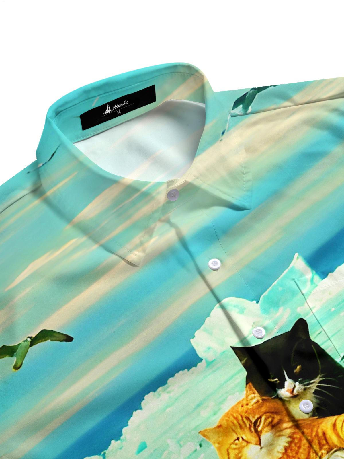 Fun Cat Titanic Boat Men's Pocket Short Sleeve Shirts