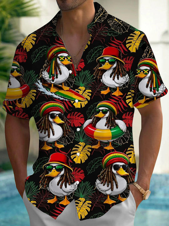 Funny Cartoon Duck Hawaiian Print Men's Pocket Short Sleeve Shirts