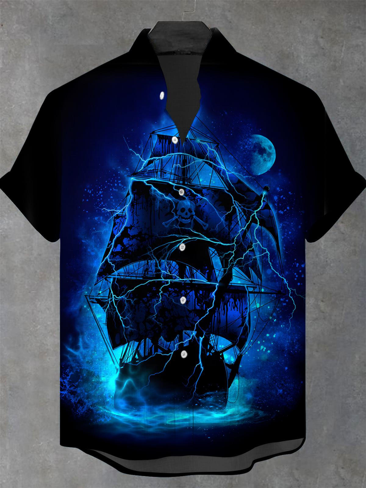 Pirate Ship Moon Men's Pocket Short Sleeve Stand Collar Shirts