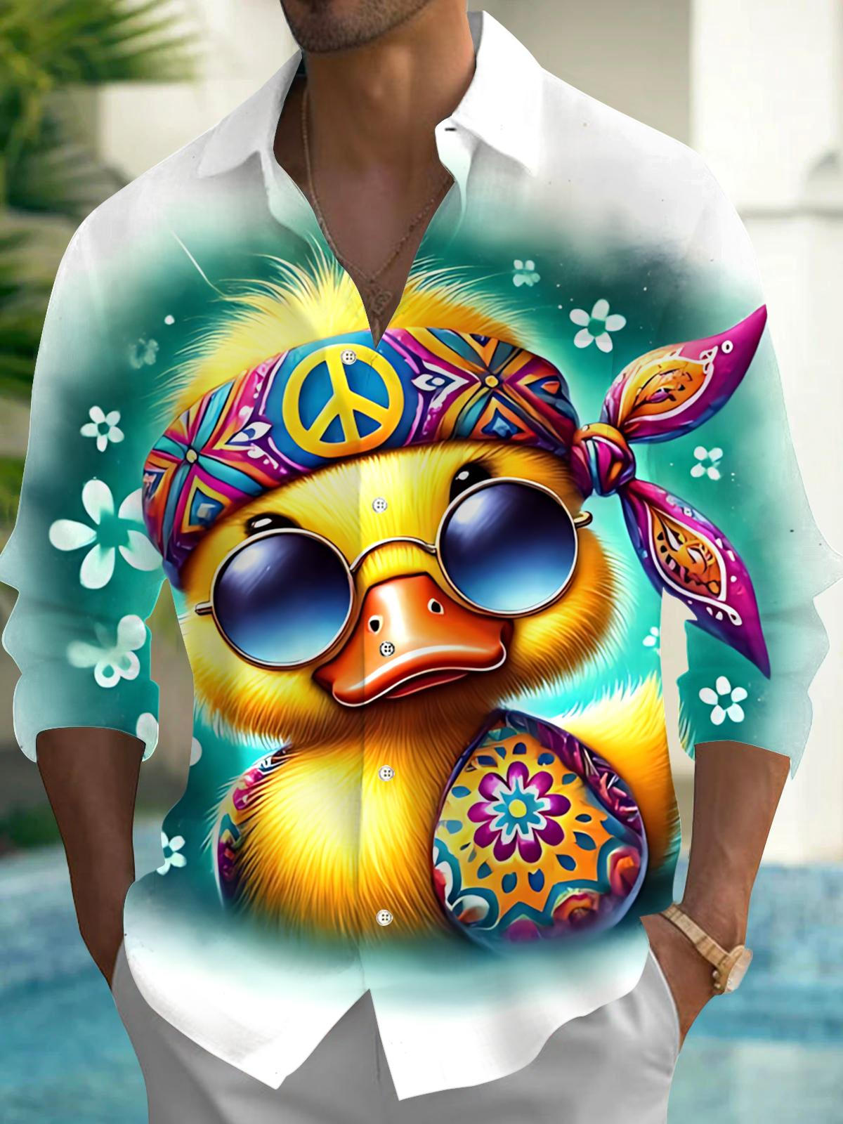 Hippie Yellow Duck Print Men's Pocket Long Sleeve Shirts