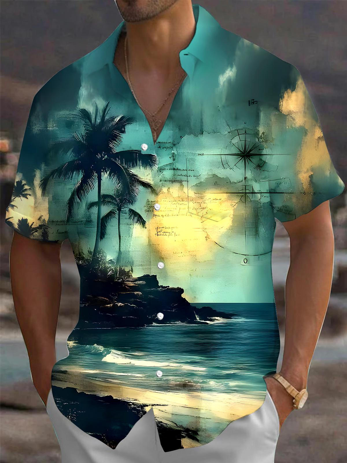 Hawaiian Coconut Tree Men's Pocket Short Sleeve Shirts