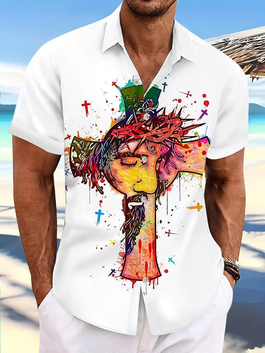 Christian Jesus Cross Print Men's Pocket Short Sleeve Shirts