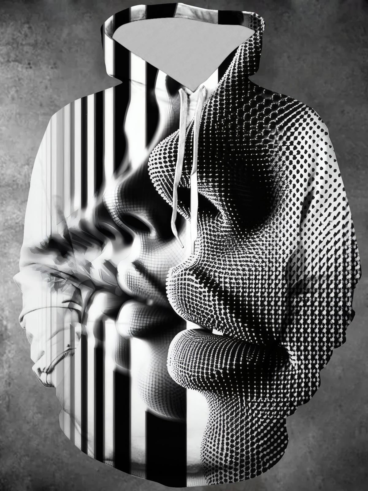 Face Art Print Long Sleeve Hooded Pocket Men's Top