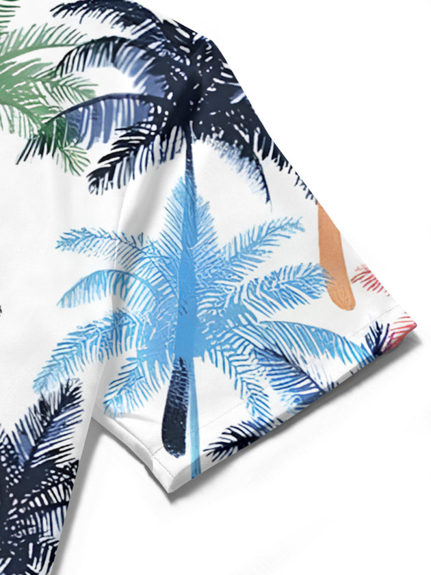 Men's tropical coconut tree print short sleeve shirt close-up detail view
