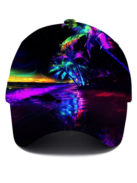 Men's Hawaiian coconut tree print baseball cap front view for tropical beach vacation