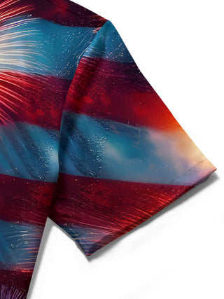 Men's American flag print short sleeve shirt close-up stitching detail