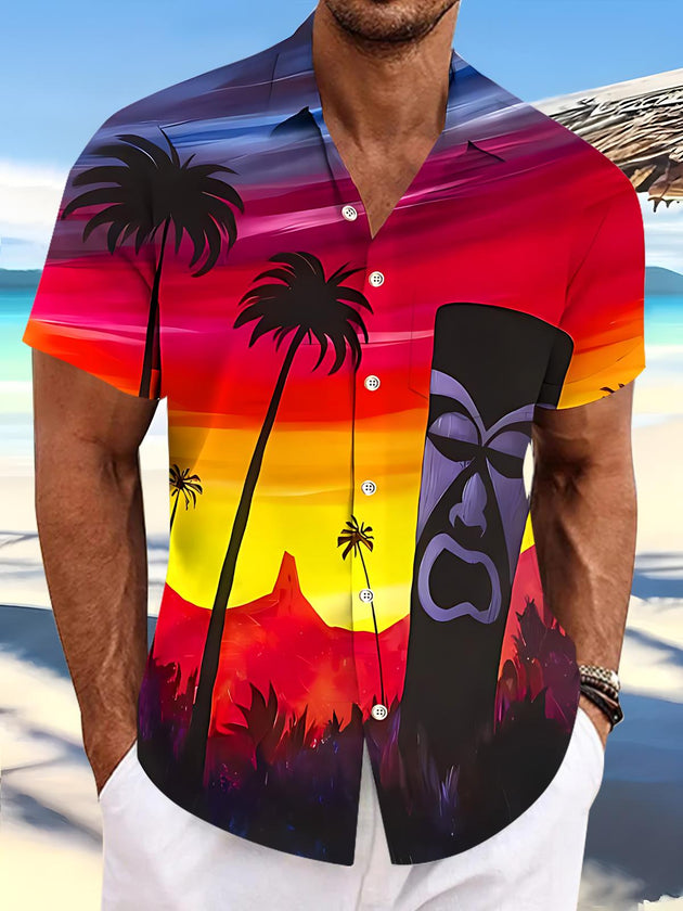 Hawaiian Tiki Coconut Tree Men's Pocket Short Sleeve Shirts