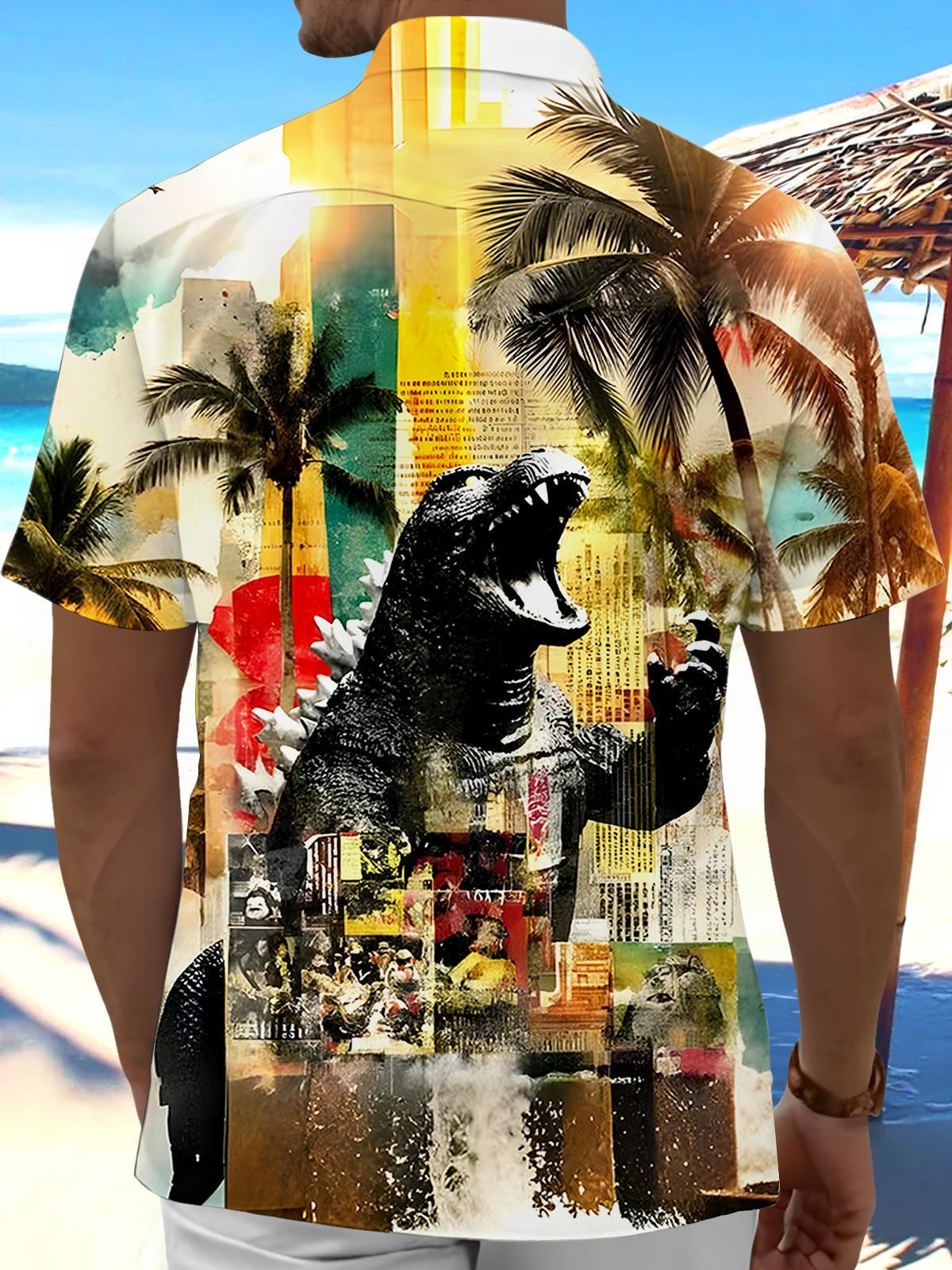 Hawaiian Coconut Tree Dinosaur Men's Pocket Short Sleeve Shirts