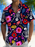 Floral Skull Print Men's Pocket Short Sleeve Shirts