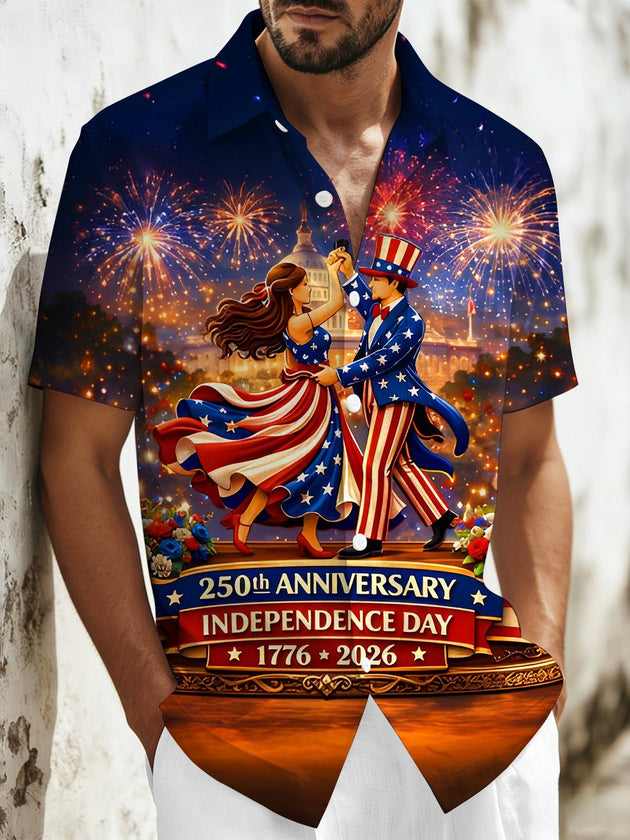 Men's dancing celebrating pocket short sleeve shirt front view for Independence Day