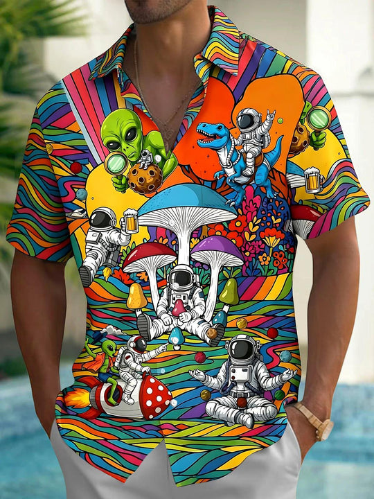 Alien Astronaut Dinosaur Mushroom Men's Pocket Short Sleeve Shirts