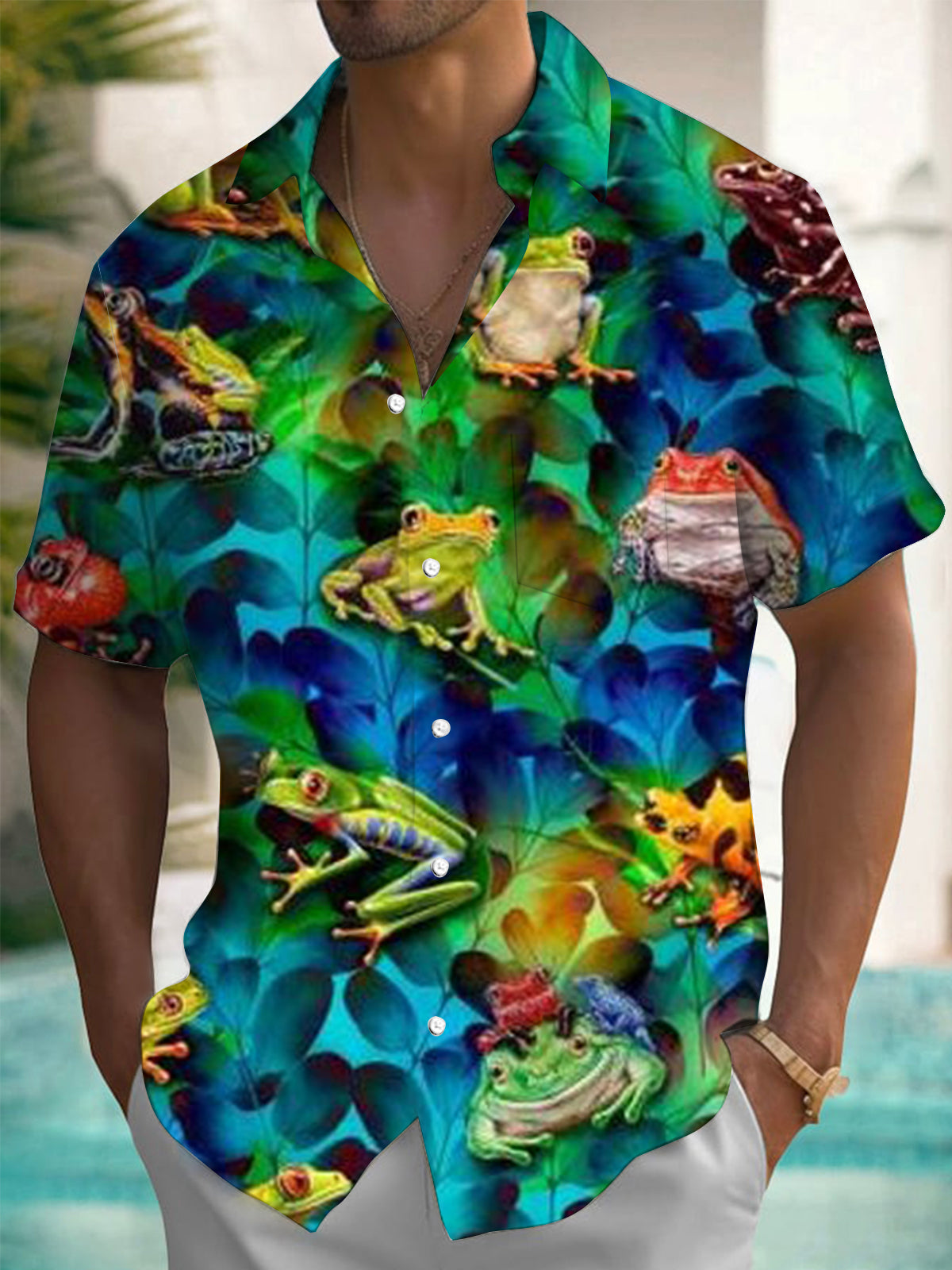 Frog Print Men's Pocket Short Sleeve Shirts