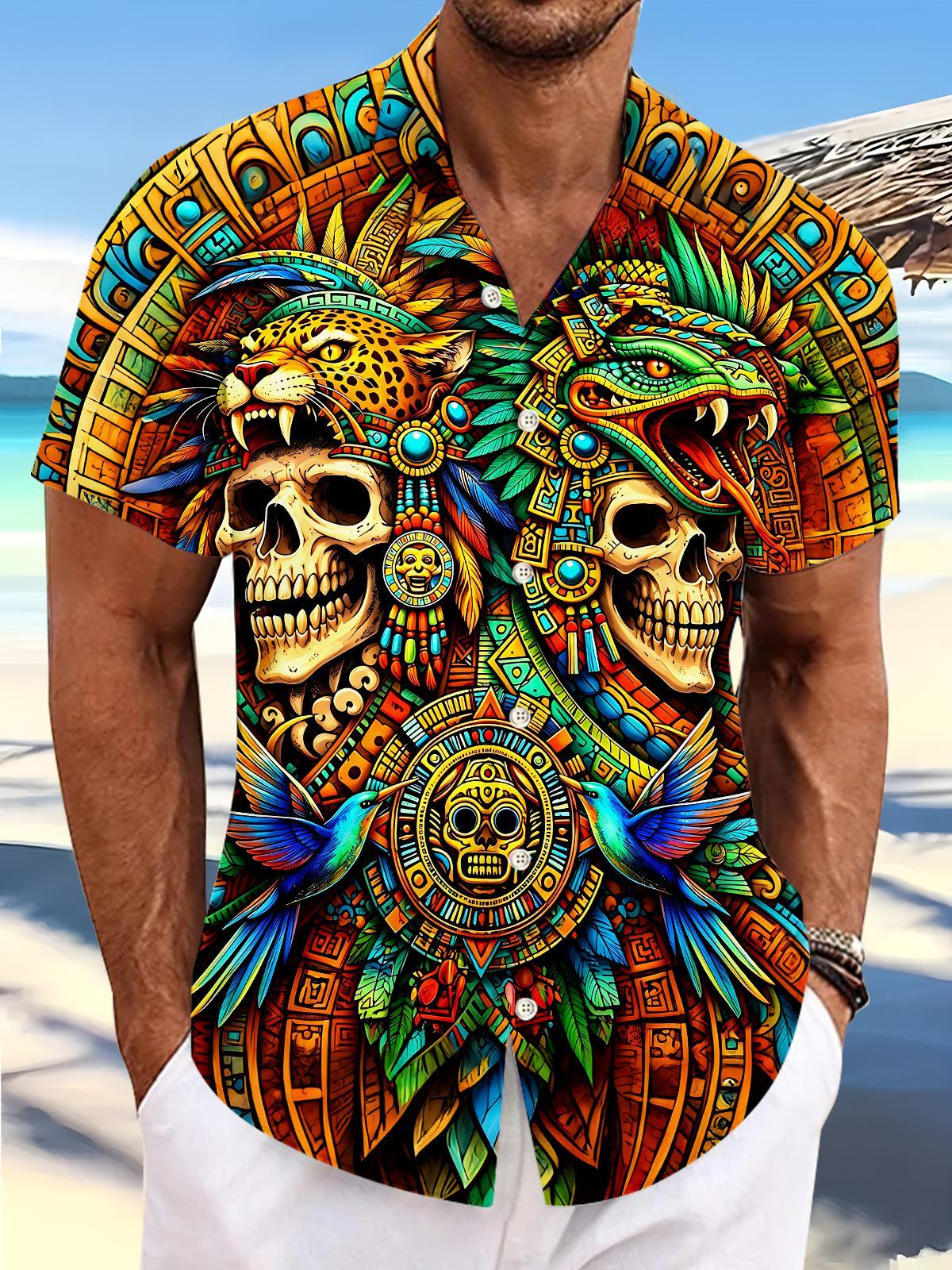 Mayan Jaguar Quetzalcoatl Skull Vintage Ethnic Totem Men's Pocket Short Sleeve Shirts