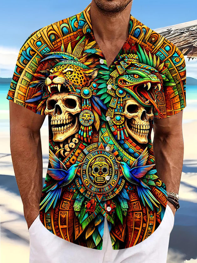 Mayan Jaguar Quetzalcoatl Skull Vintage Ethnic Totem Men's Pocket Short Sleeve Shirts