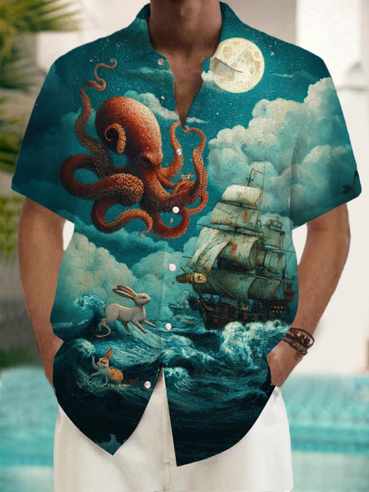 Marine Octopus Sailboat Print Men's Pocket Short Sleeve Shirts