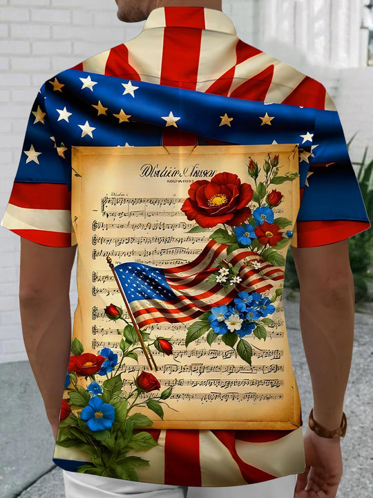 Men's vintage style American flag print music short sleeve shirt back view
