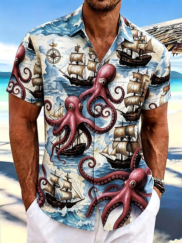 Octopus Pirate Ship Print Men's Pocket Short Sleeve Shirts