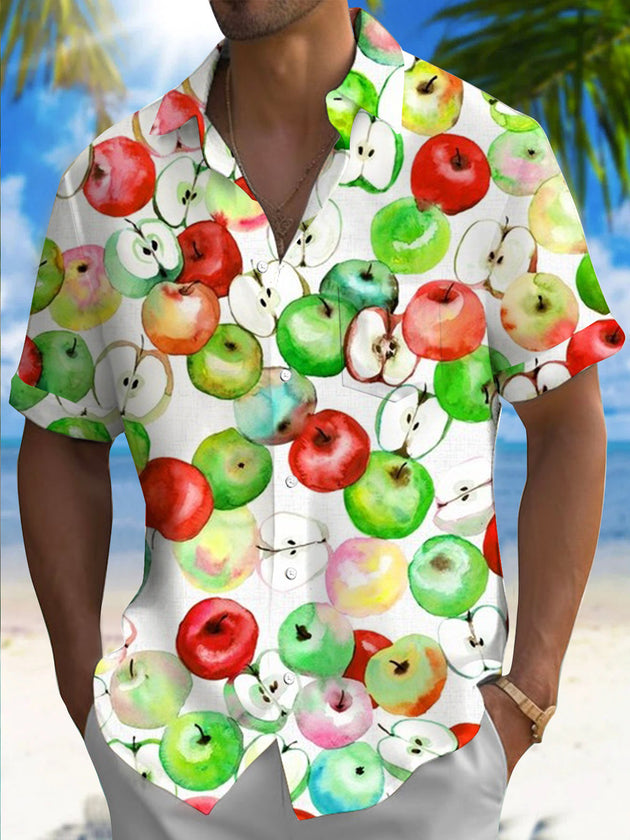 Men's short sleeve shirt with apple print, front view