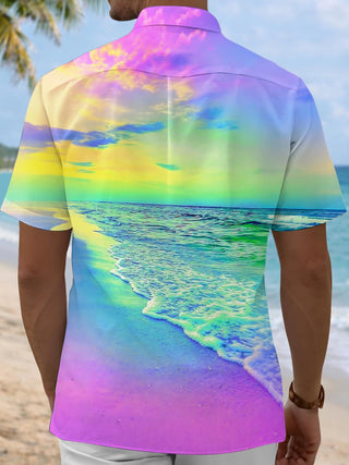 Men's beach scenery print pocket short sleeve shirt back view