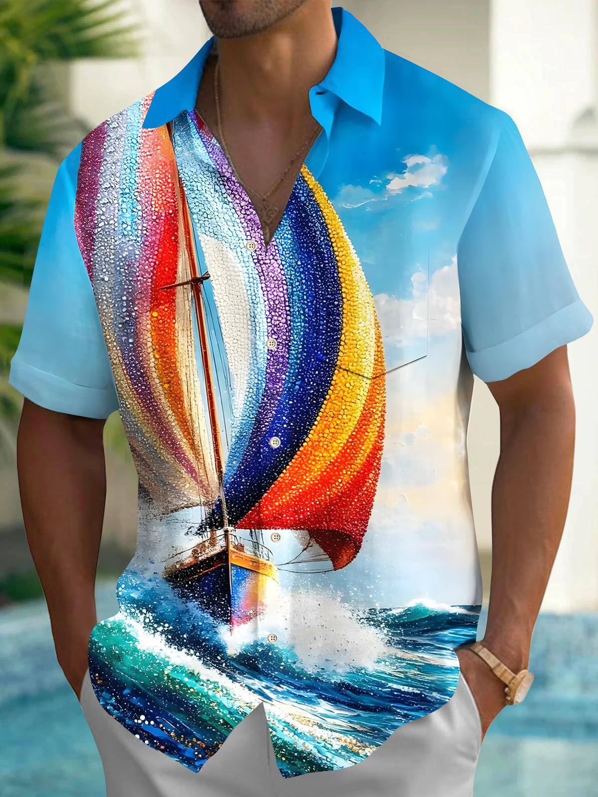 Sailing Boat Men's Pocket Short Sleeve Shirts