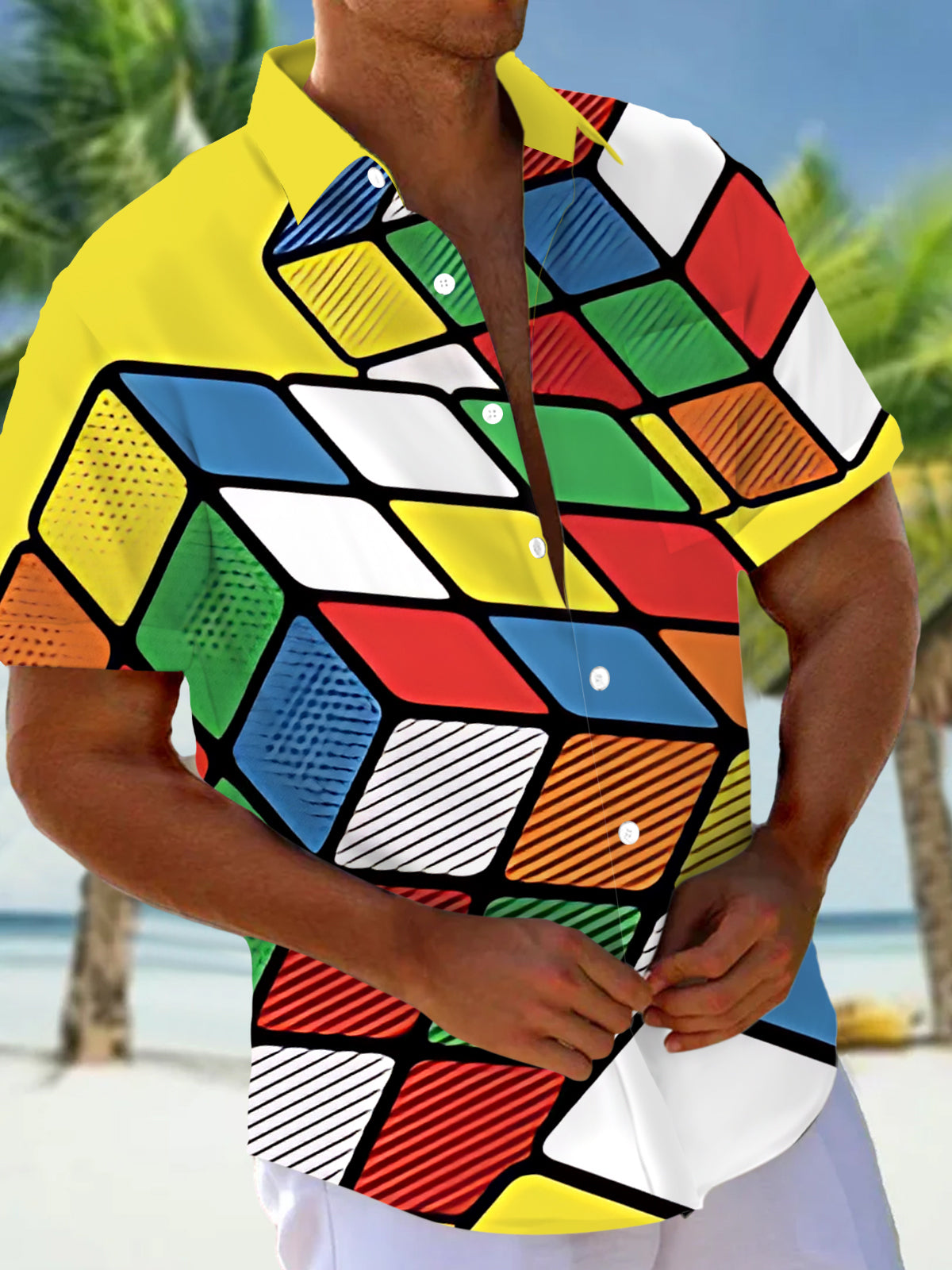 Rubik's Cube Print Men's Pocket Short Sleeve Shirts