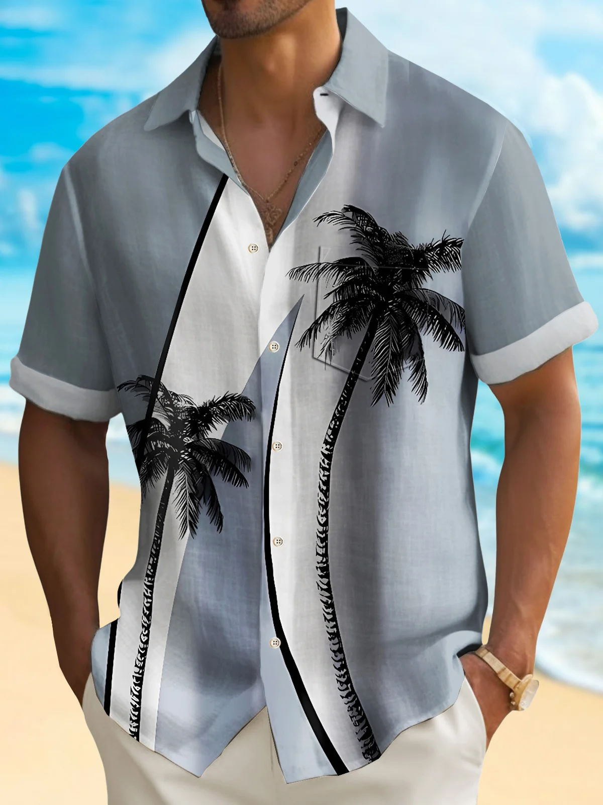 Hawaiian Coconut Tree Print Short Sleeve Men's Shirts With Pocket