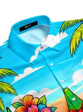 Men's tropical aloha shirt with flamingo pattern, side view showing short sleeve fit