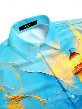 Men's navy short sleeve shirt with art lighthouse side view
