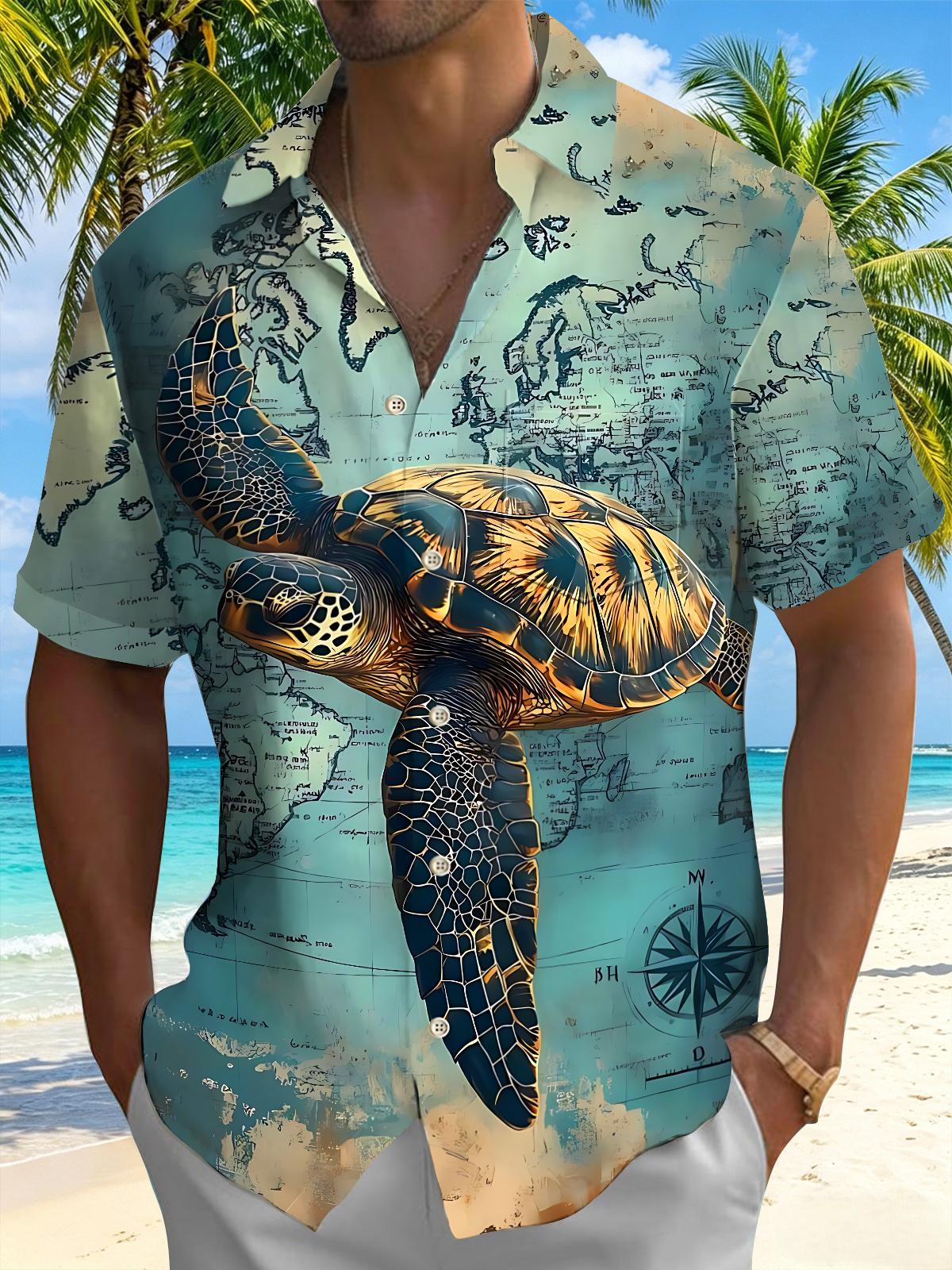 Vintage World Map Turtle Men's Pocket Short Sleeve Shirts