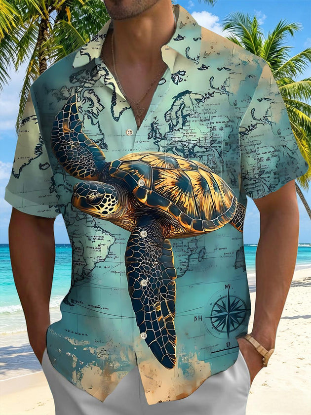 Vintage World Map Turtle Men's Pocket Short Sleeve Shirts