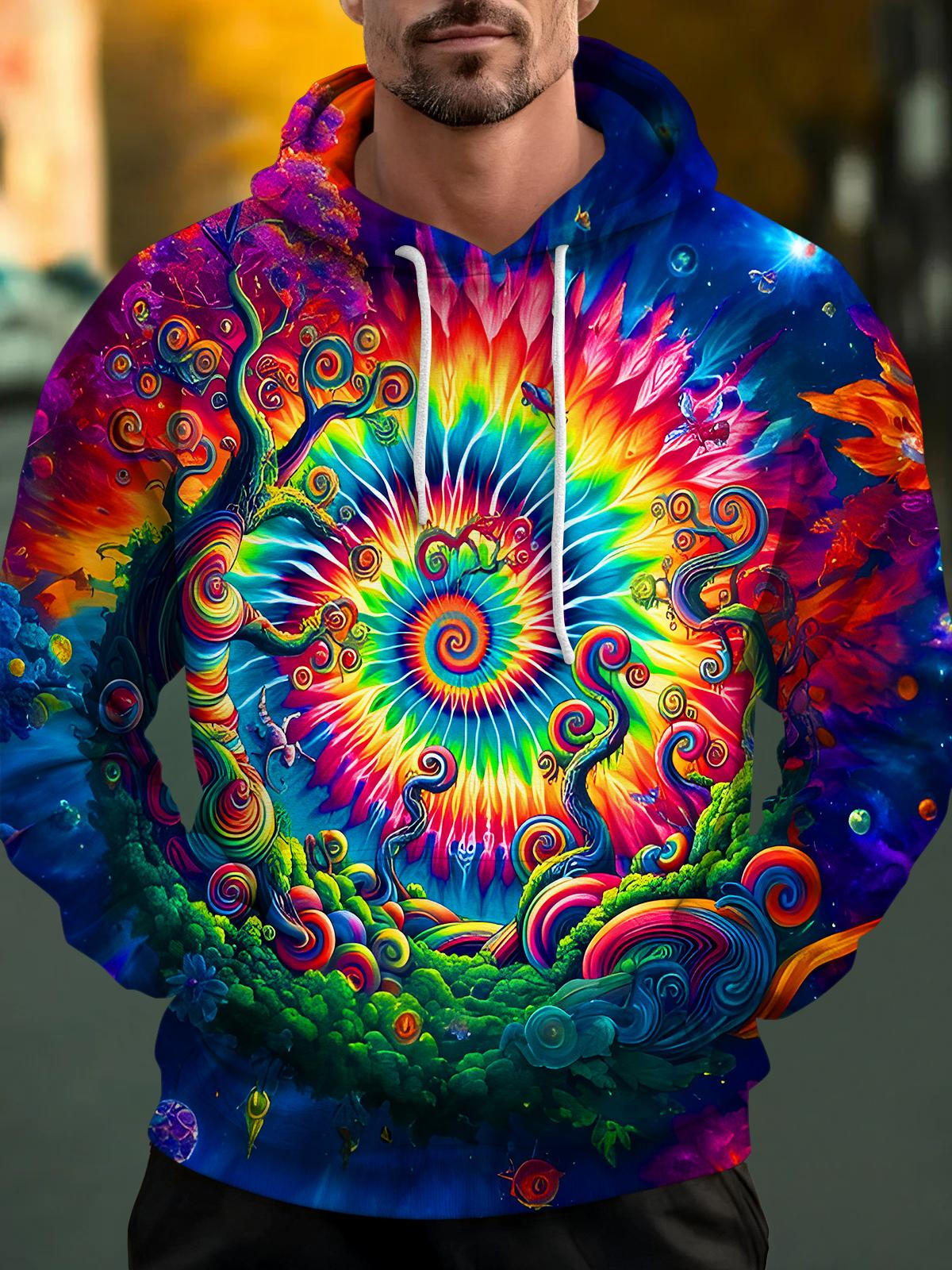 Tie Dye Gradient Psychedelic Abstract Swirl Tree Long Sleeve Hooded Pocket Men's Top