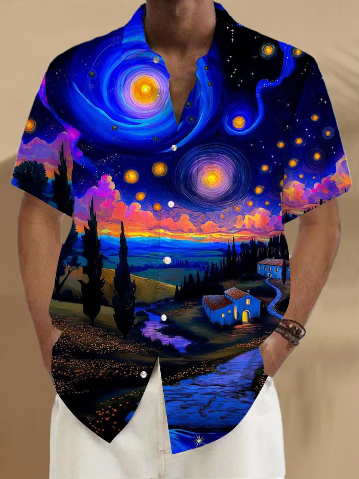 Starry Night Scene Print Men's Pocket Short Sleeve Shirts