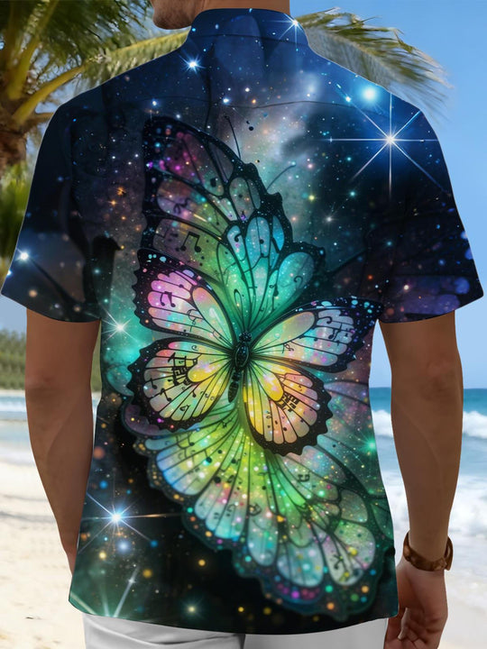Men's blue butterfly print short sleeve shirt back view